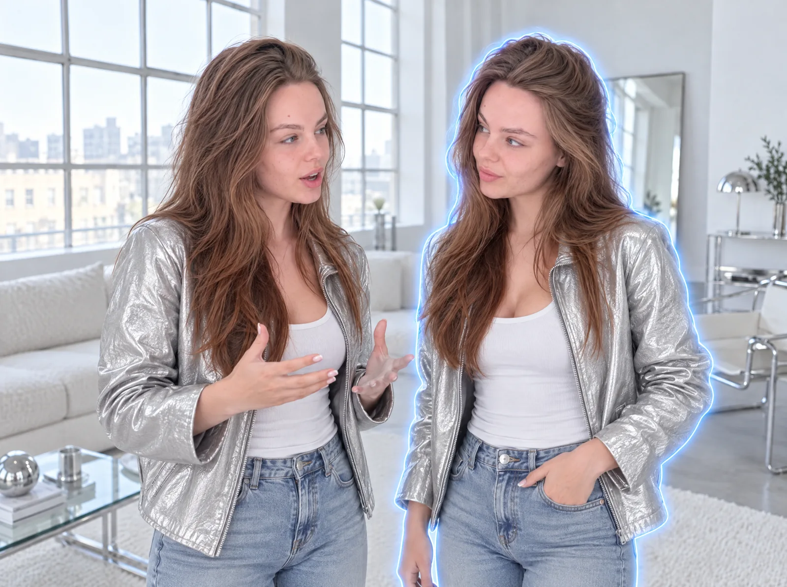 Creator facing a glowing digital version of herself