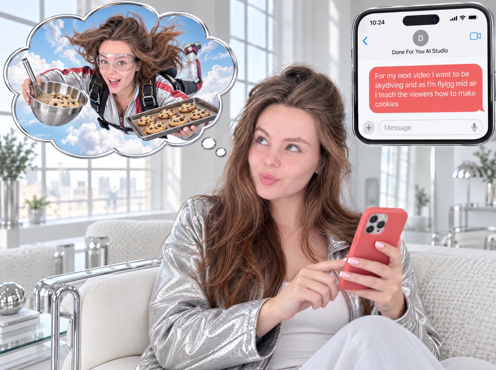 Creator texting a video idea while imagining the scene