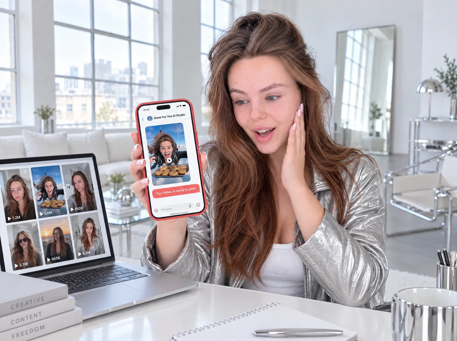 Creator receiving a finished video on her phone